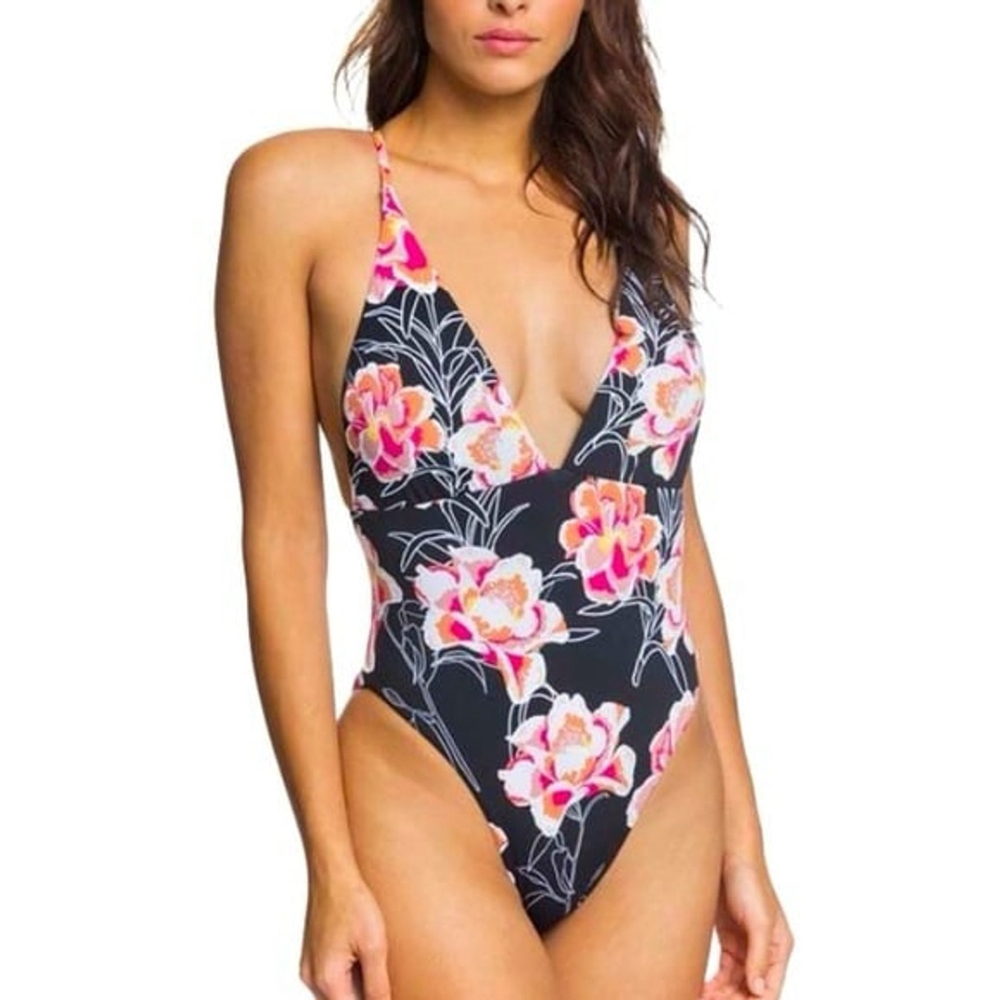 NWT ROXY Women's Black Floral Stretch Deep V Neck One Piece Swimsuit - Picture 2 of 7